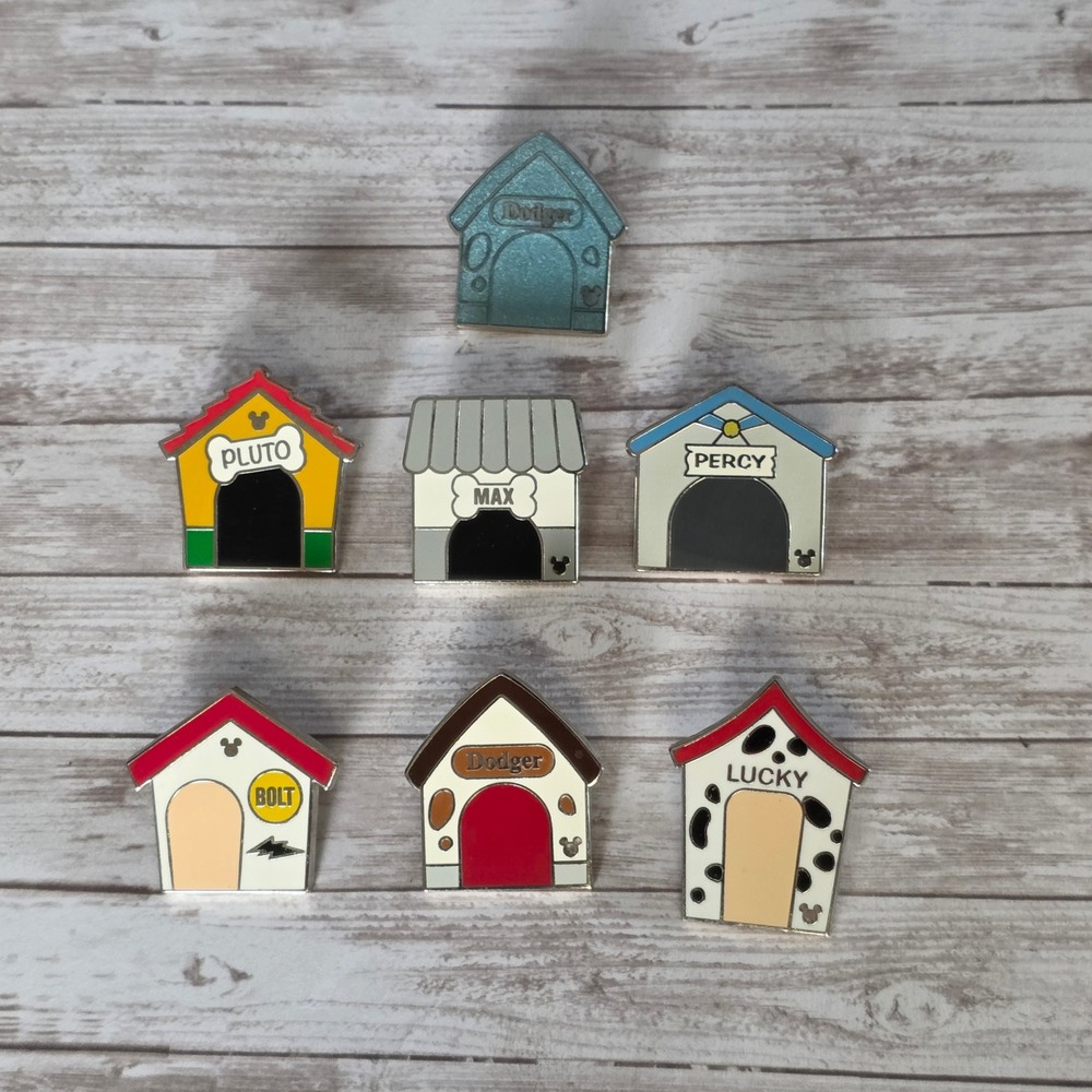 Disney Doghouses 2019 Hidden Mickey Pins Complete Set of 7 Pluto Bolt Dodger Max
